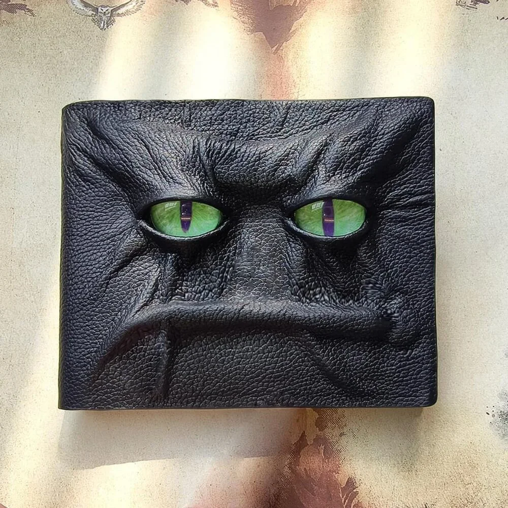 Men's 3D Black Magical Horror Demon Eyes Genuine Leather Handmade Custom Wallet